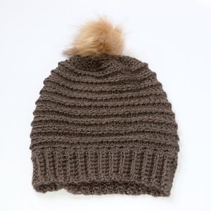 Crocheted Brown Ribbed Beanie With Pom Pom Unisex